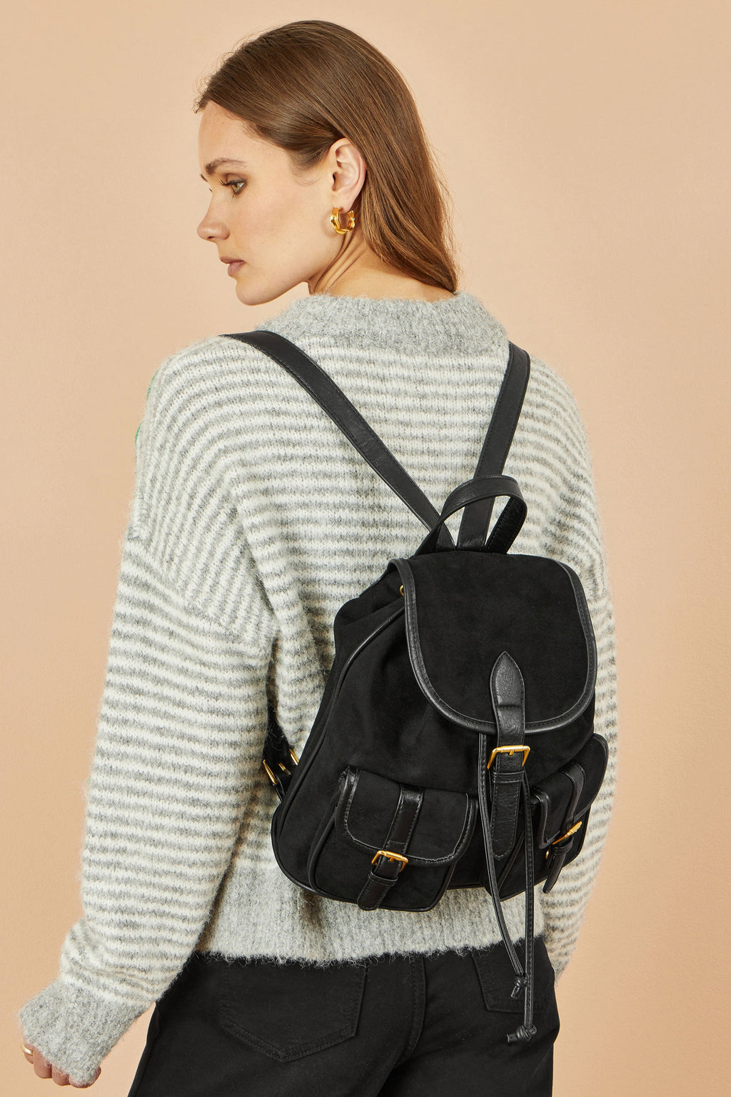 Yumi Black Faux Suede Pocket Rucksack