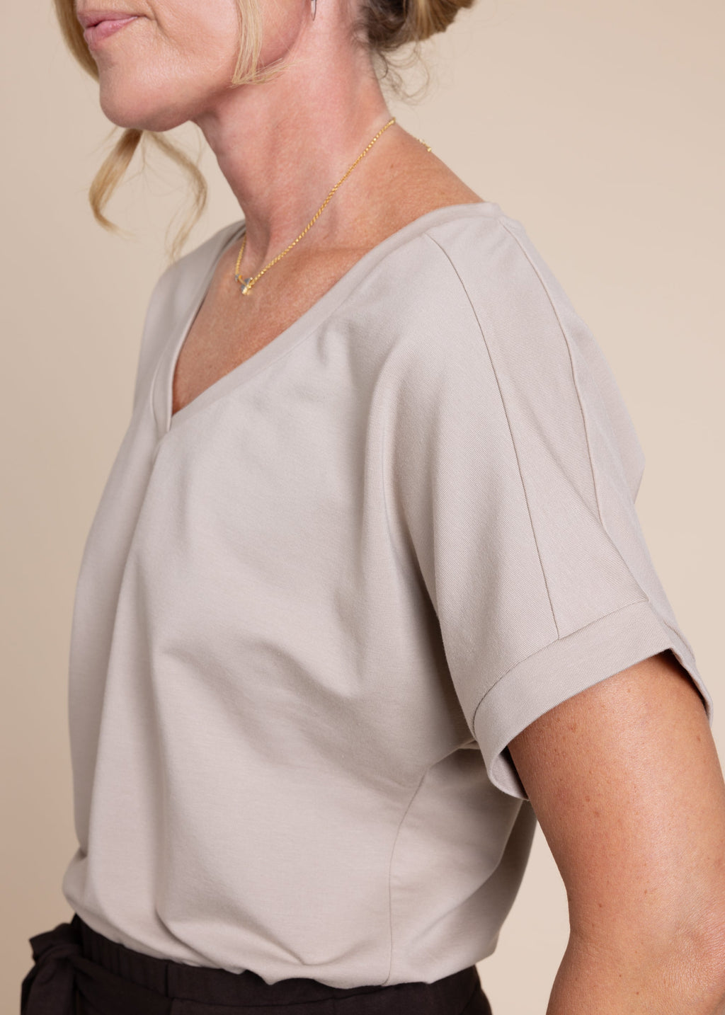 ATHENA v-neck, short sleeve top, taupe