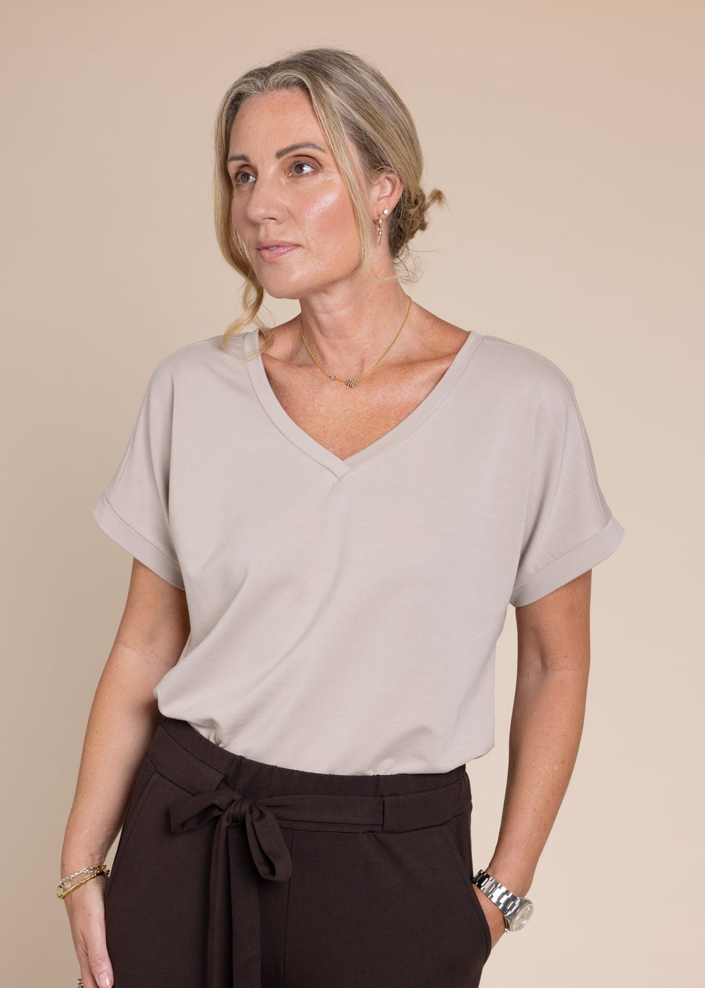 ATHENA v-neck, short sleeve top, taupe