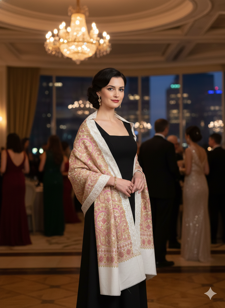 KASHMIRI Silk Embroidered Shawl Pink and Gold