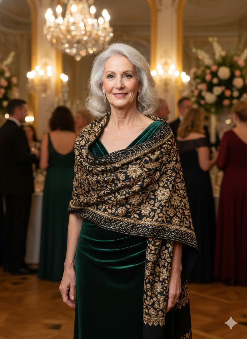 KASHMIRI  Silk Embroidered Shawl Black and Gold