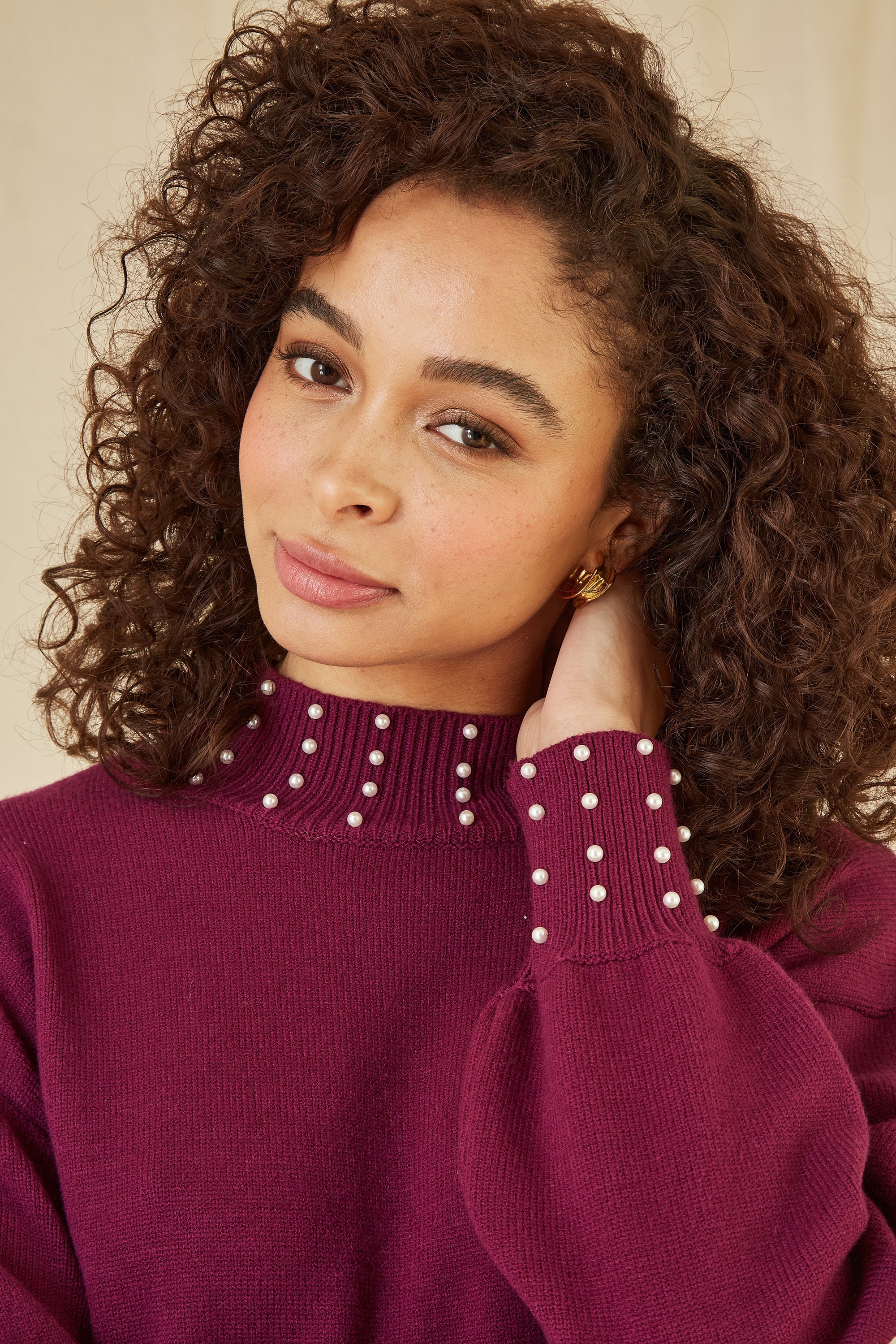 Yumi Plum Pearl Detail Knitted Relaxed Jumper Dress