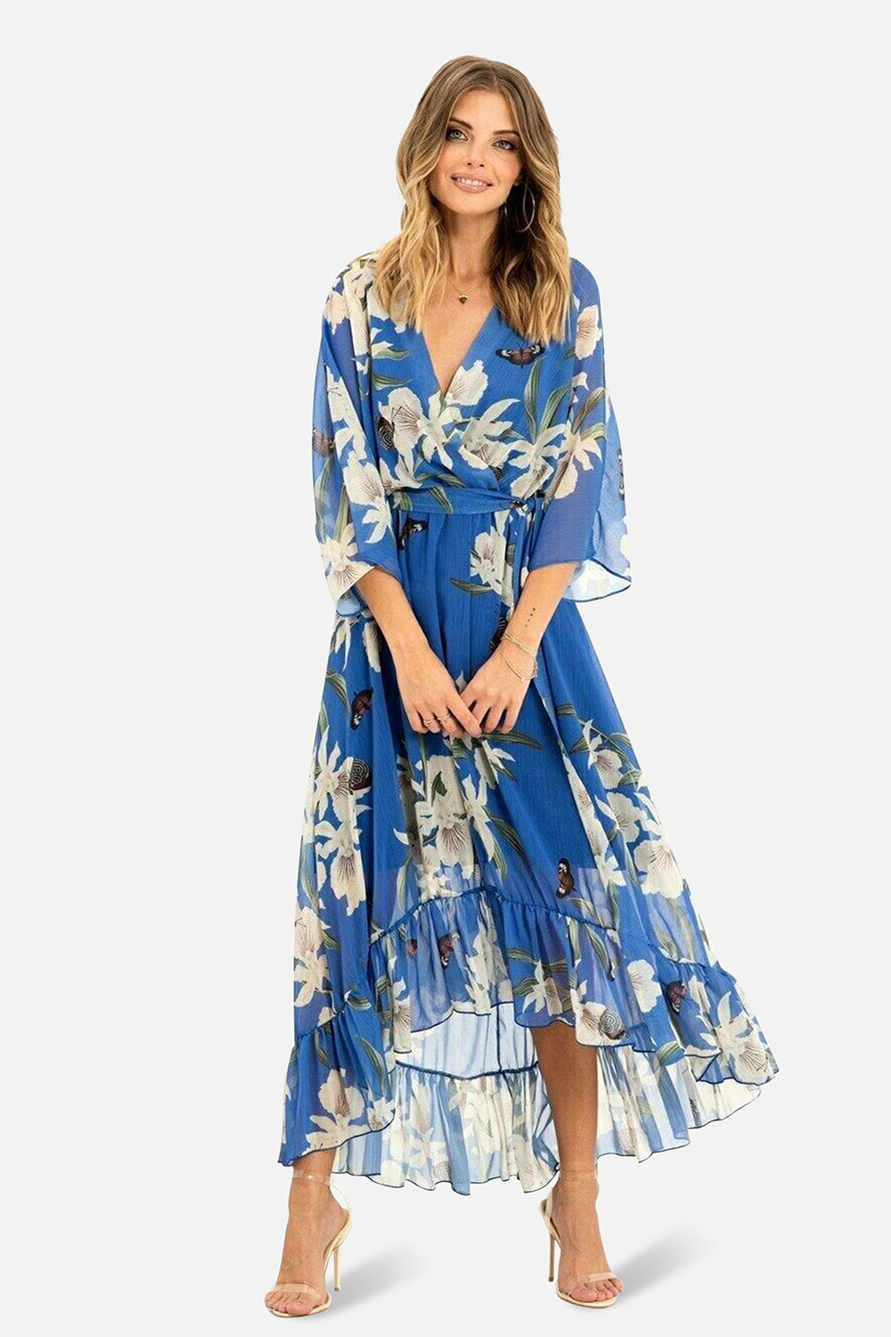 Yumi Blue Floral Kimono Sleeves Dip Hem Wrap Midi Dress