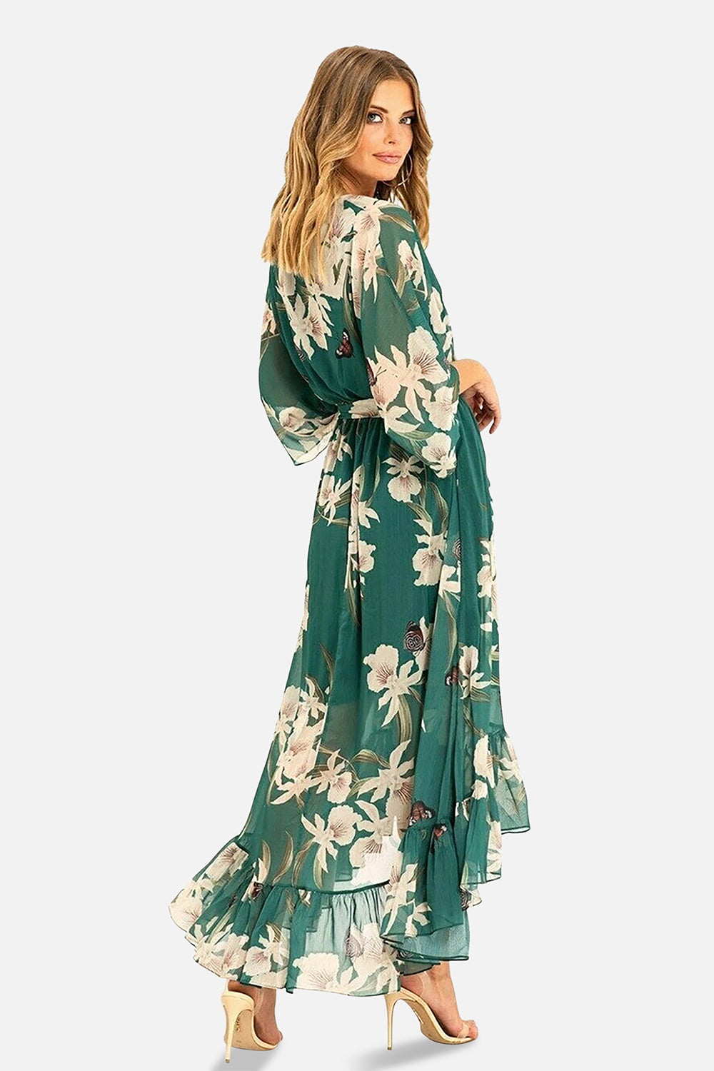 Green Floral Kimono Sleeves Dip Hem Wrap Midi Dress