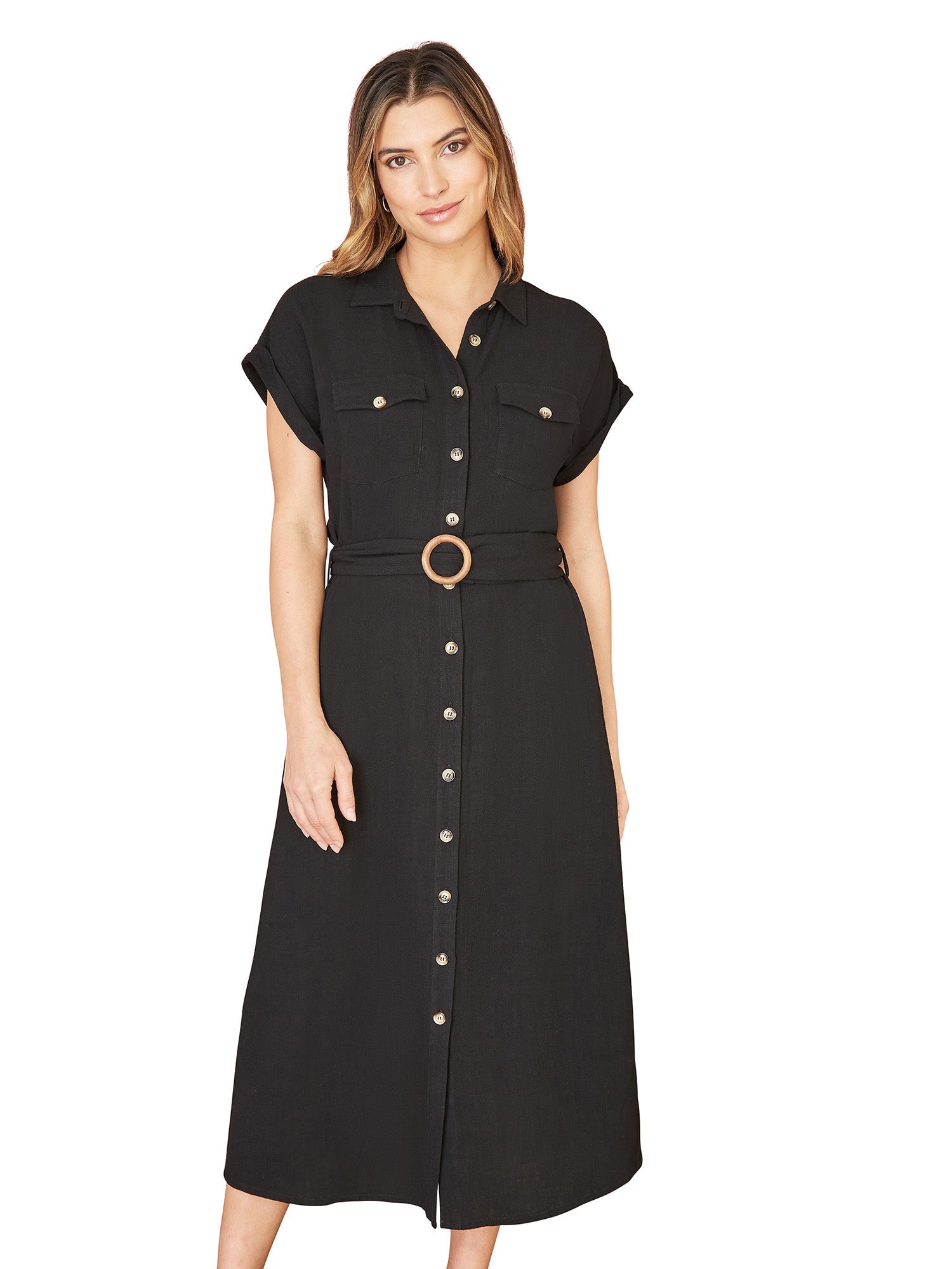 Yumi Black Viscose Linen Look Midi Shirt Dress With Wooden Belt