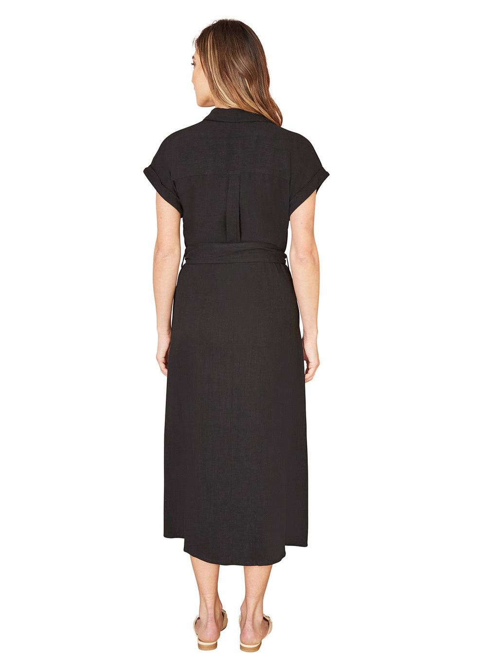 Yumi Black Viscose Linen Look Midi Shirt Dress With Wooden Belt