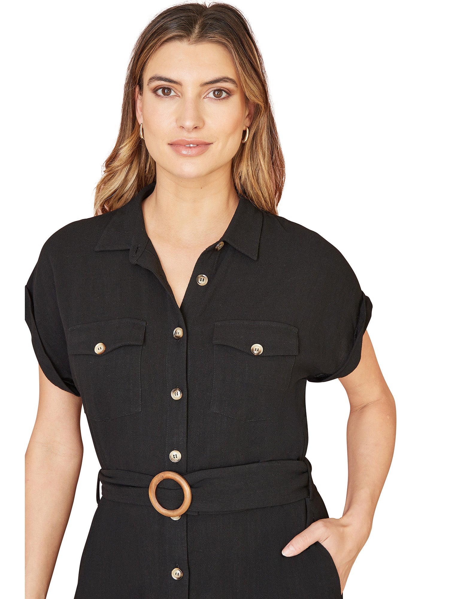 Yumi Black Viscose Linen Look Midi Shirt Dress With Wooden Belt