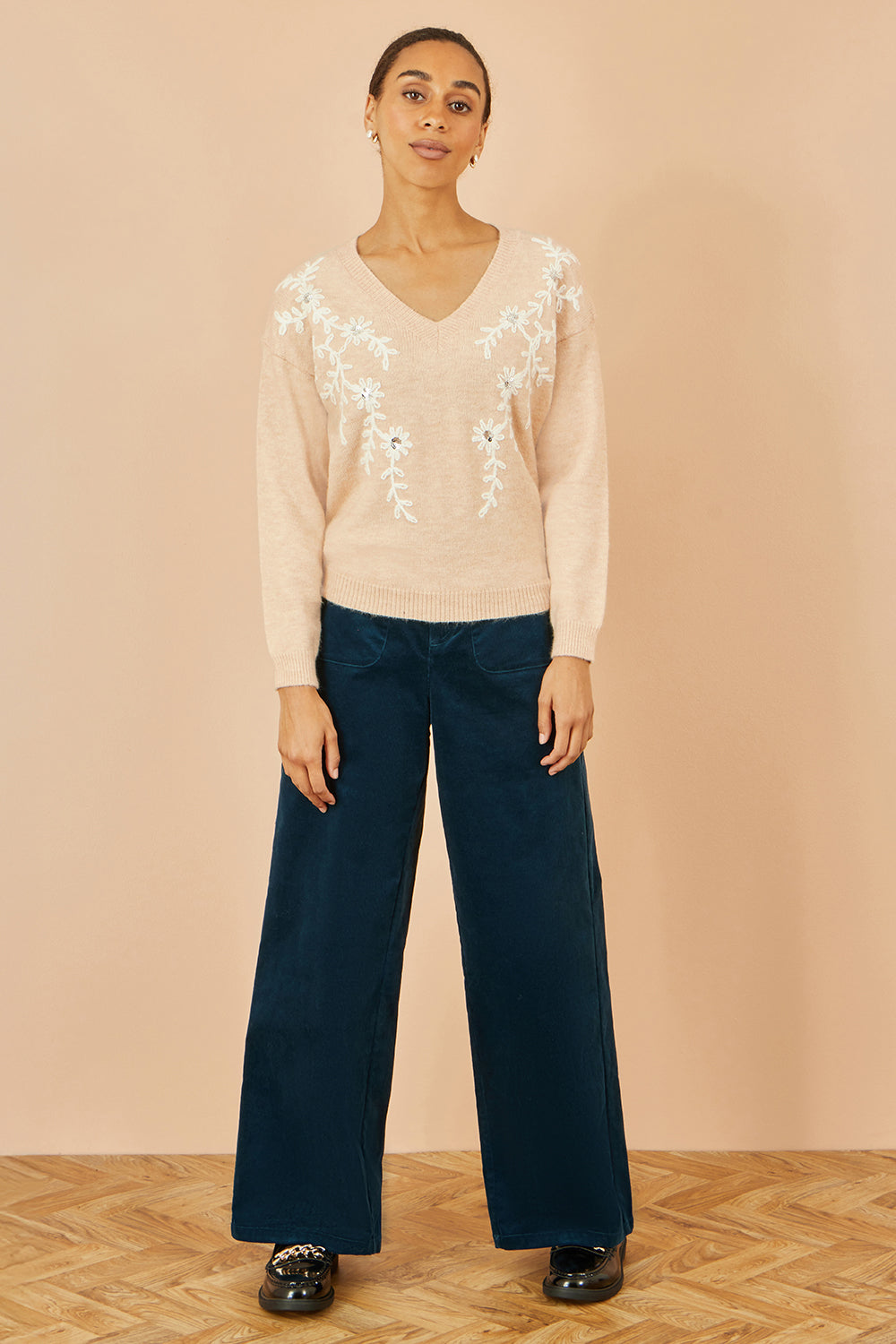 Yumi Oatmeal Floral Embroidered V Neck Relaxed Knitted Jumper