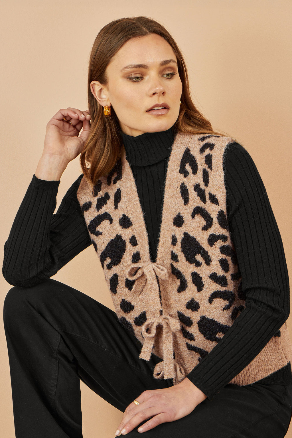 Yumi Beige Animal Print Intarsia Tie Front Waistcoat