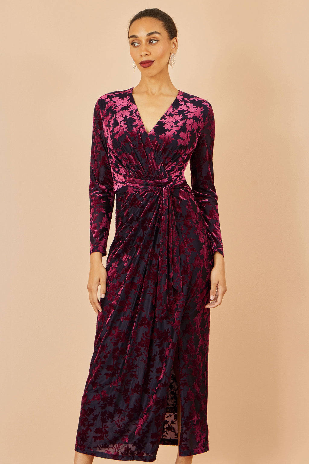 Yumi Burgundy Velour Stretch Midi Dress With Long Sleeves