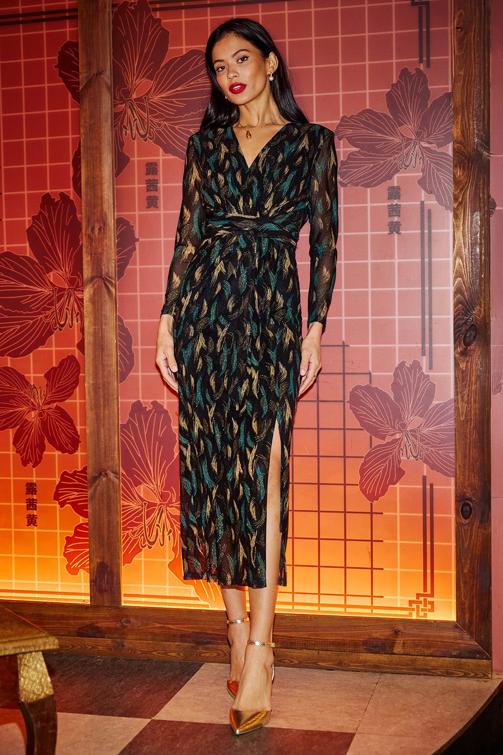 Yumi Black Metallic Sparkle Mesh Wrap Midi Dress