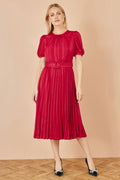 Yumi Red Satin Striped Midi Dress With Pleats and Matching Belt