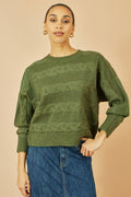 Yumi Green Cable Knit Relaxed Fit Jumper