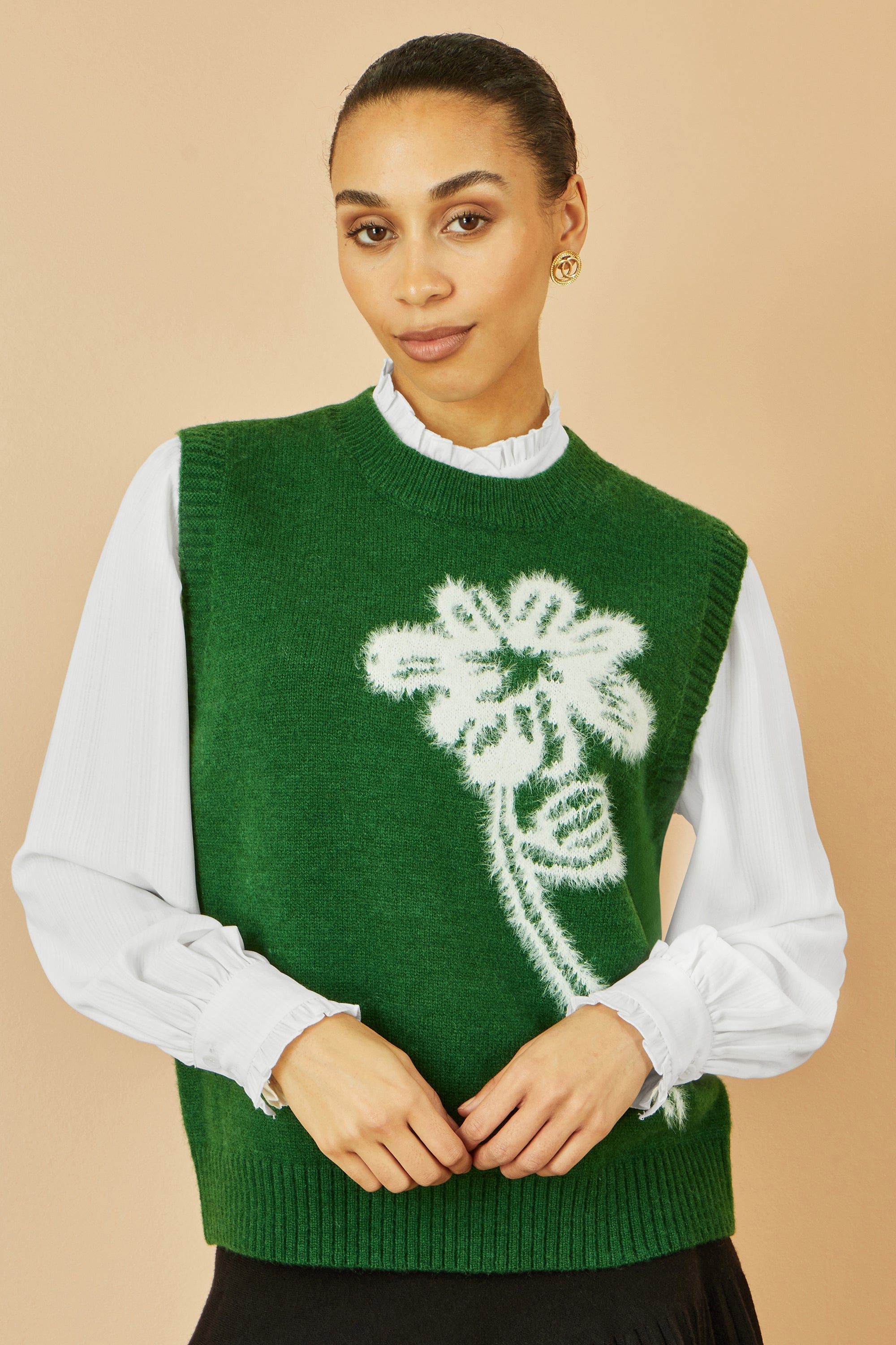 Yumi Green Knitted Flower Sleeveless Jumper Vest
