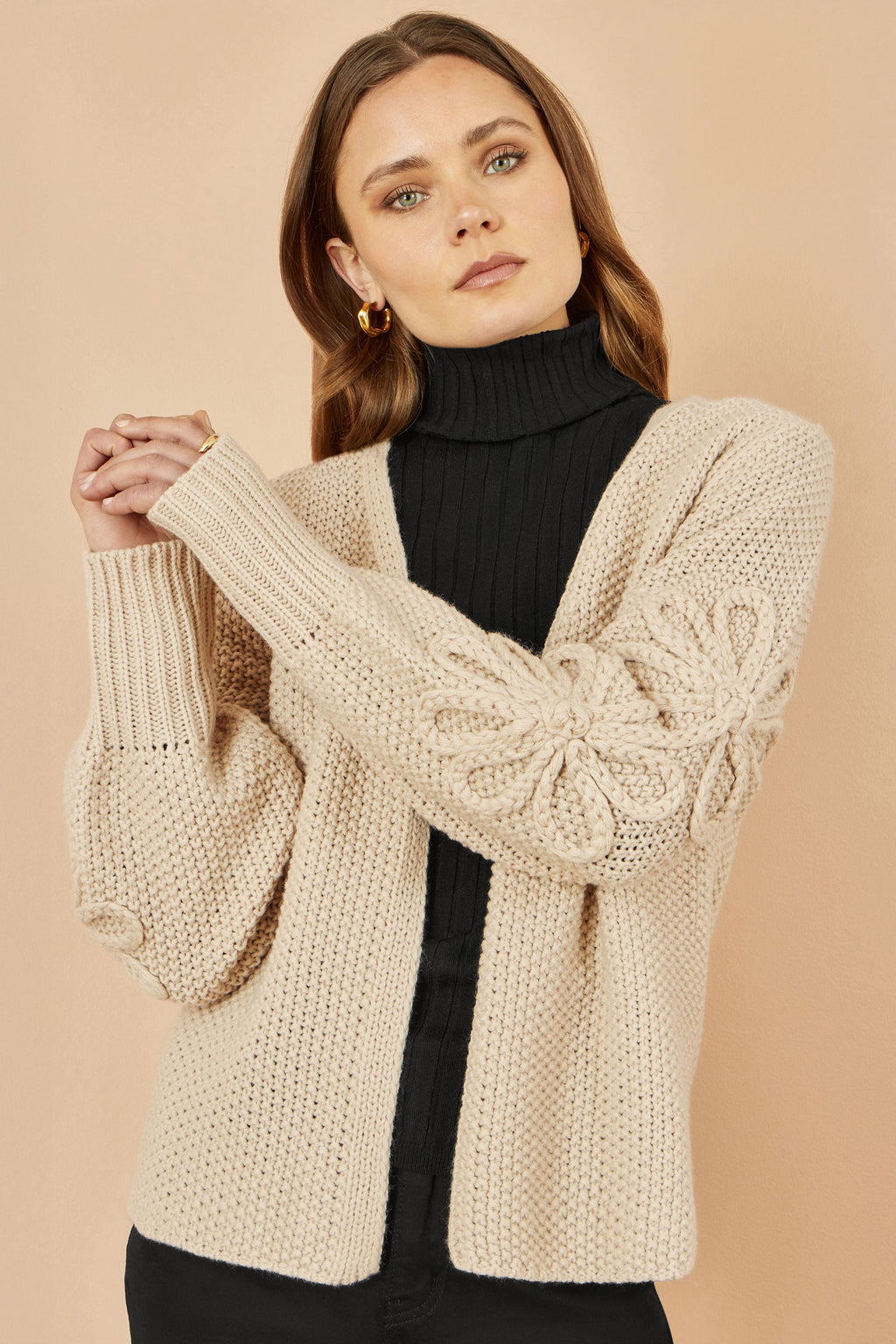 Yumi Beige Edge to Edge Cardigan With Flower Detail Sleeves