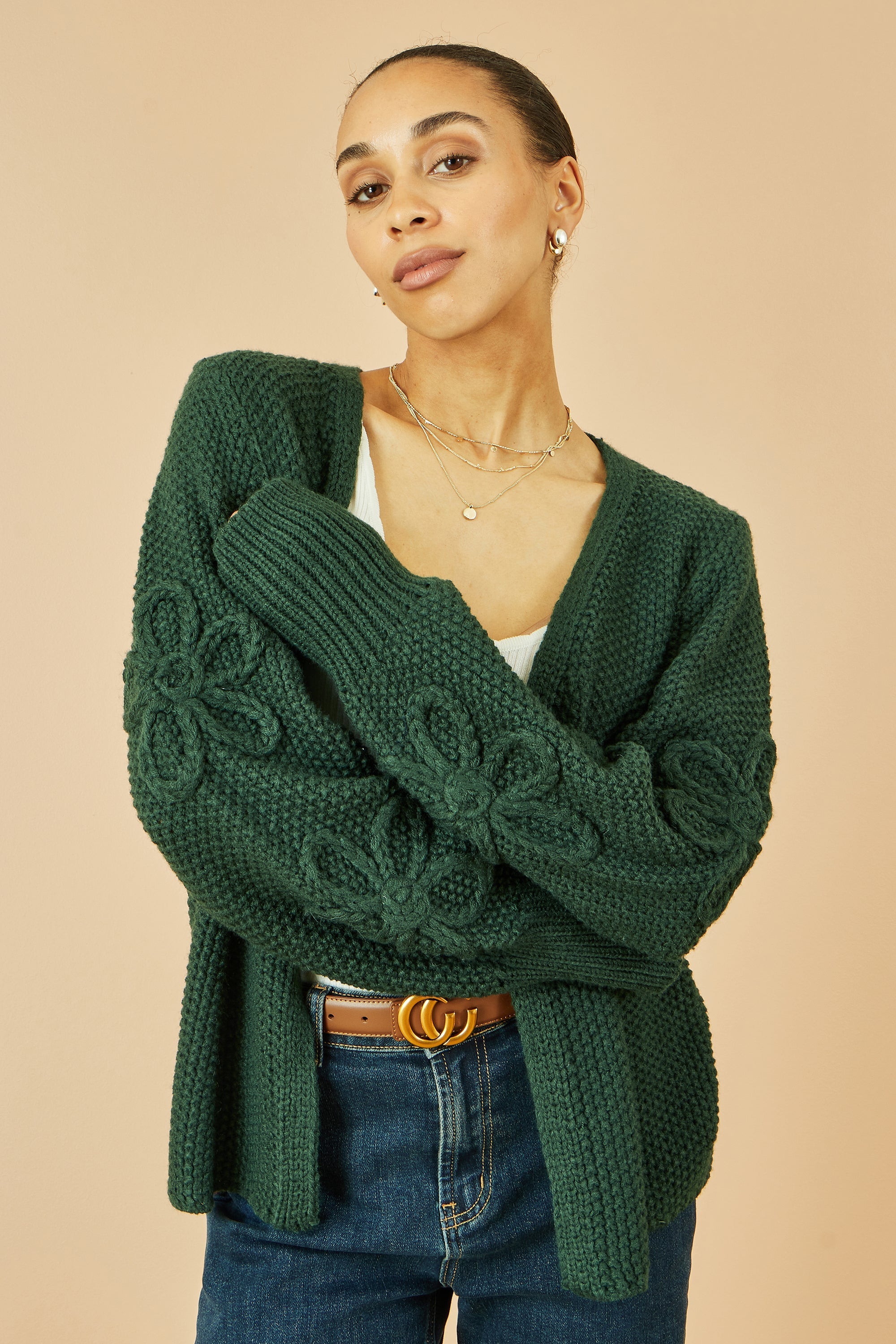 Yumi Green Edge to Edge Cardigan With Flower Detail Sleeves