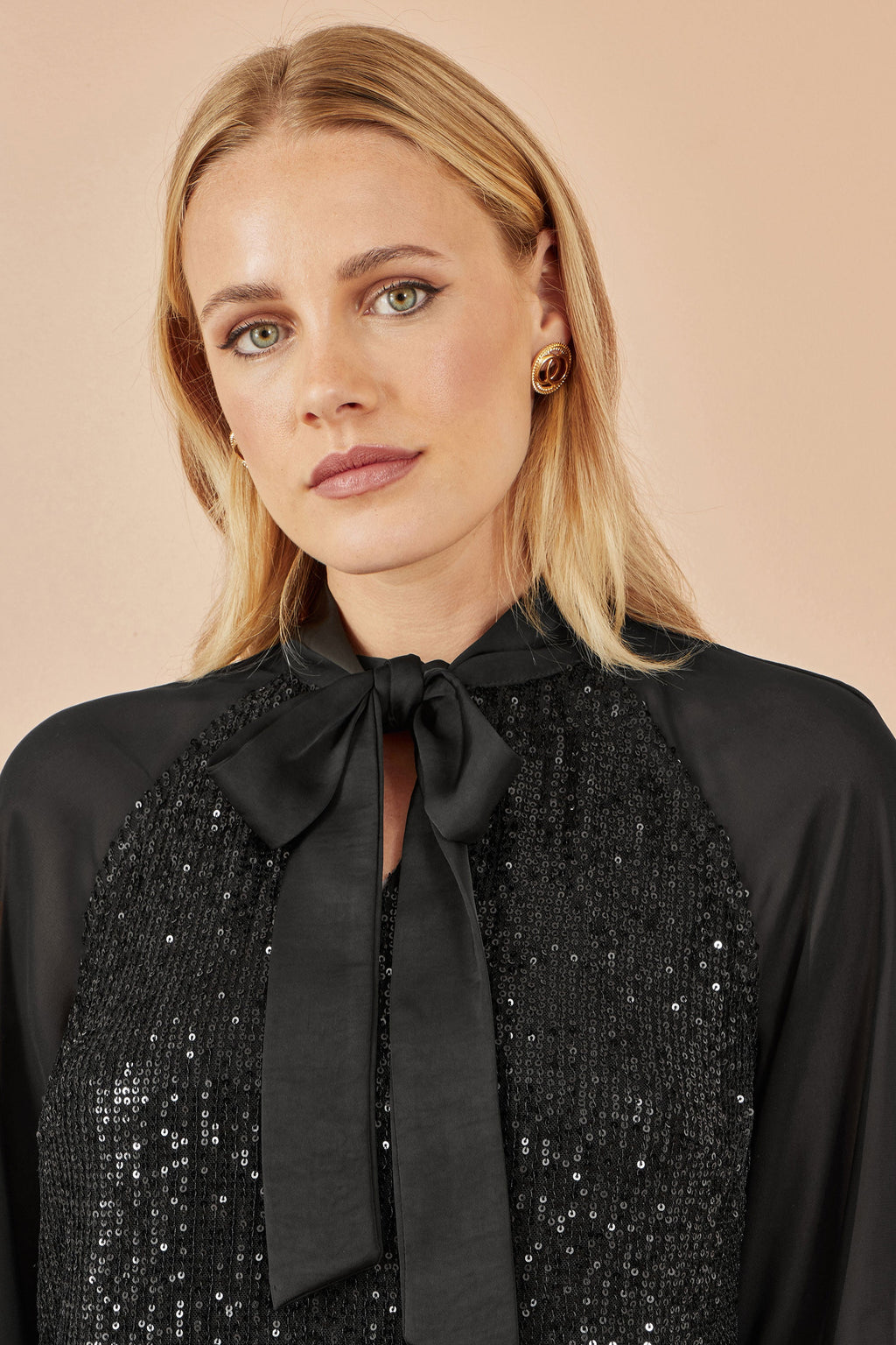 Yumi Black Sequin Pussy Bow Top