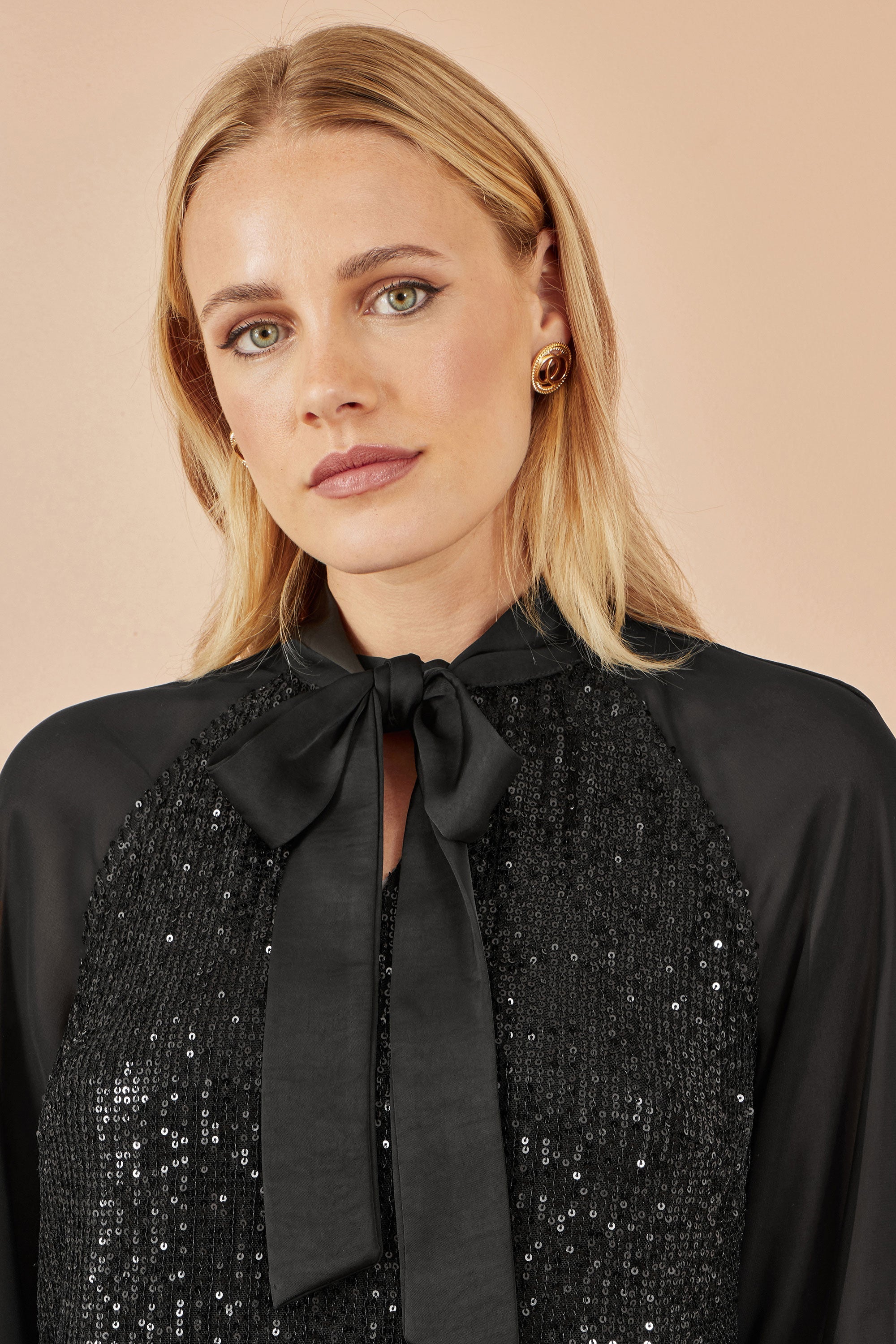 Yumi Black Sequin Pussy Bow Top