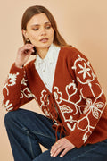 Yumi Brown Folk Embroidered Tie Front Cardigan