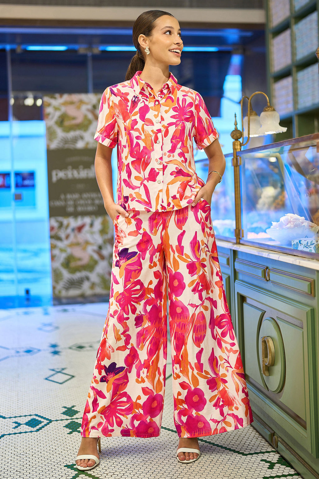 Yumi Pink Abstract Floral Wide Leg Trousers