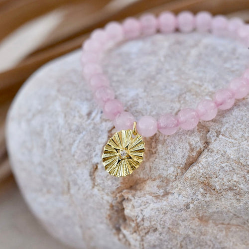 Astral Crucis Gemstone Beaded Bracelet Rosestone & Cubic Zirconia