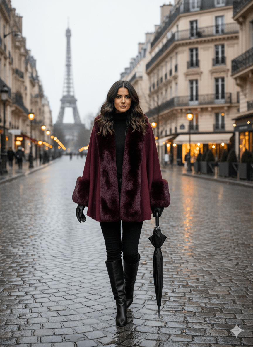 Fur Front Cape Poncho One Size - PAPRIKA UK