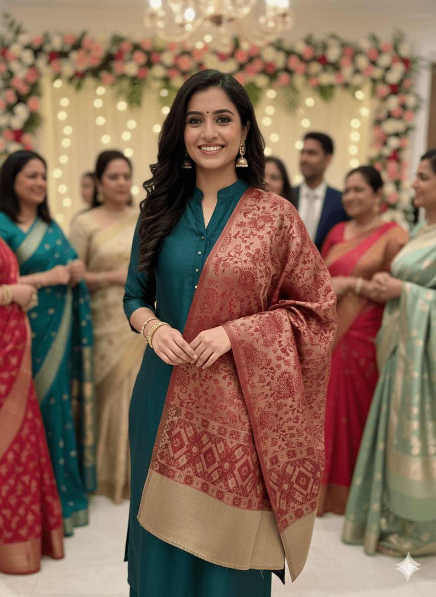 KASHMIRI Kani Shawl Burgundy Gold - PAPRIKA UK