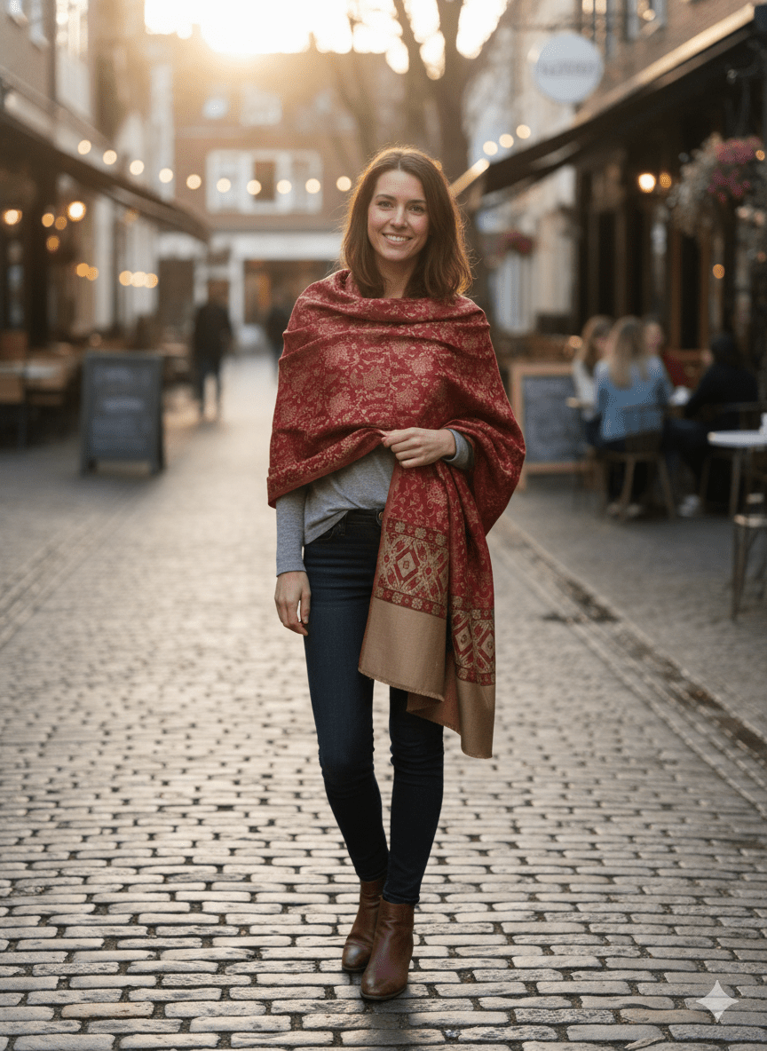 KASHMIRI Kani Shawl Burgundy Gold - PAPRIKA UK