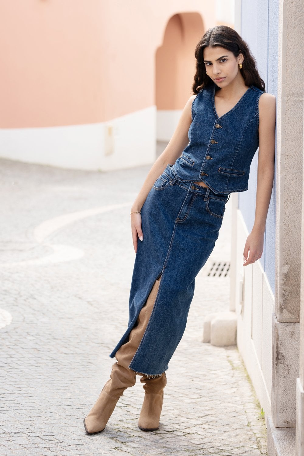 Yumi Blue Denim Stretch Fitted Midi Skirt With Front Split - PAPRIKA UK