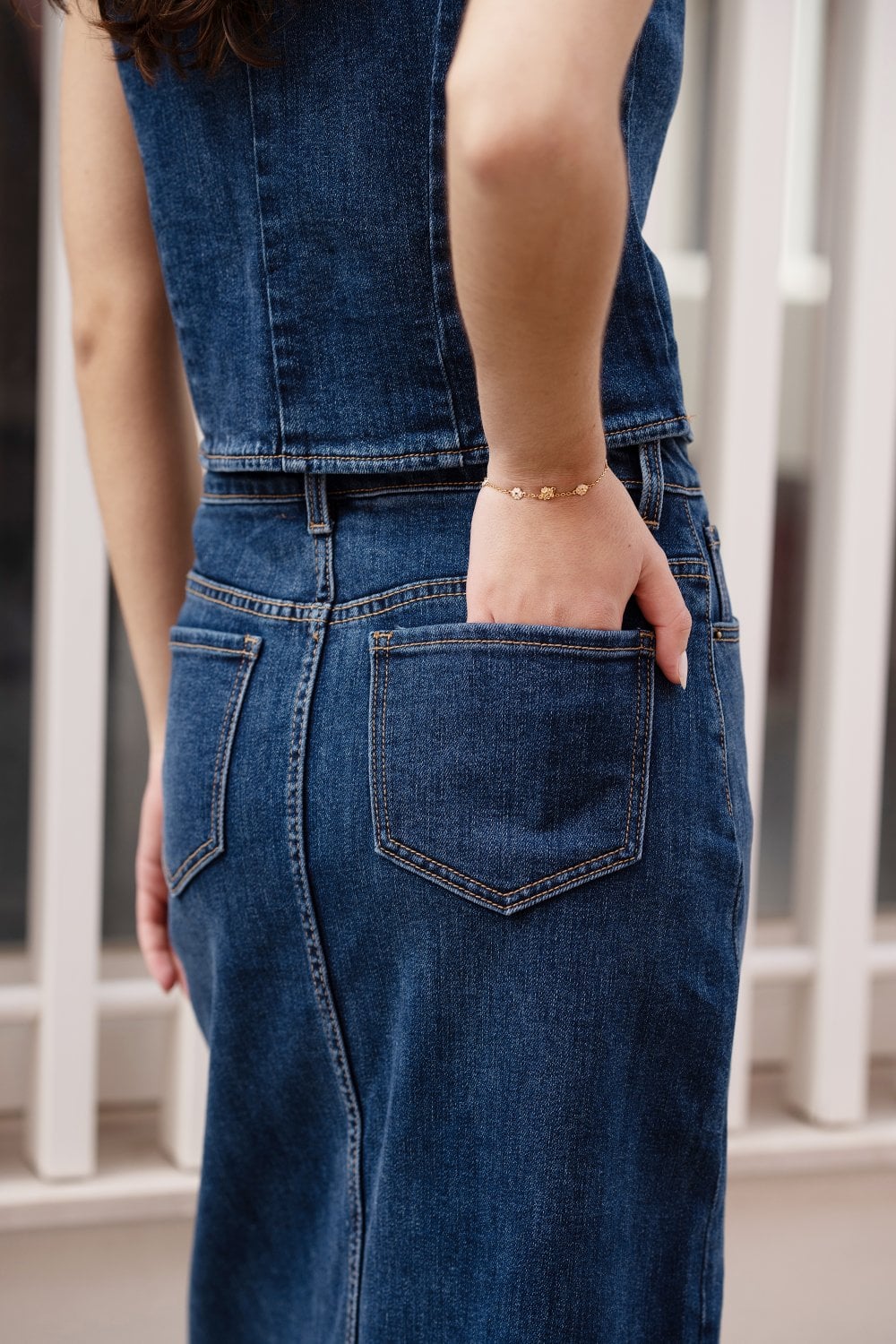 Yumi Blue Denim Stretch Fitted Midi Skirt With Front Split - PAPRIKA UK