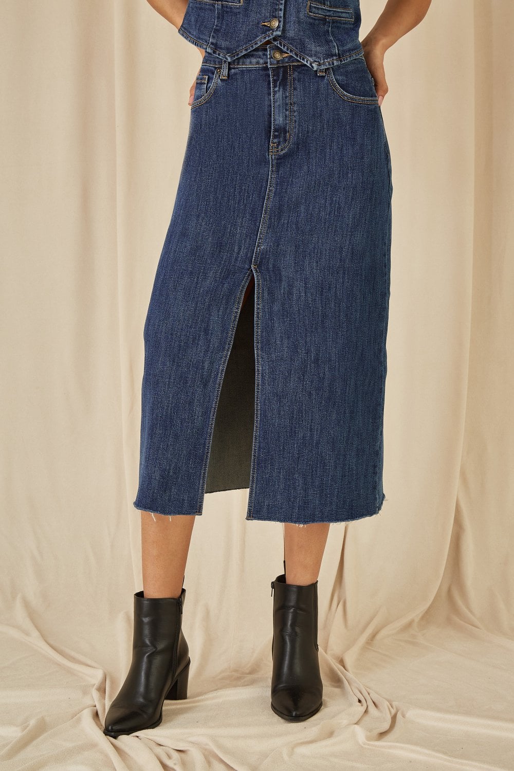 Yumi Blue Denim Stretch Fitted Midi Skirt With Front Split - PAPRIKA UK