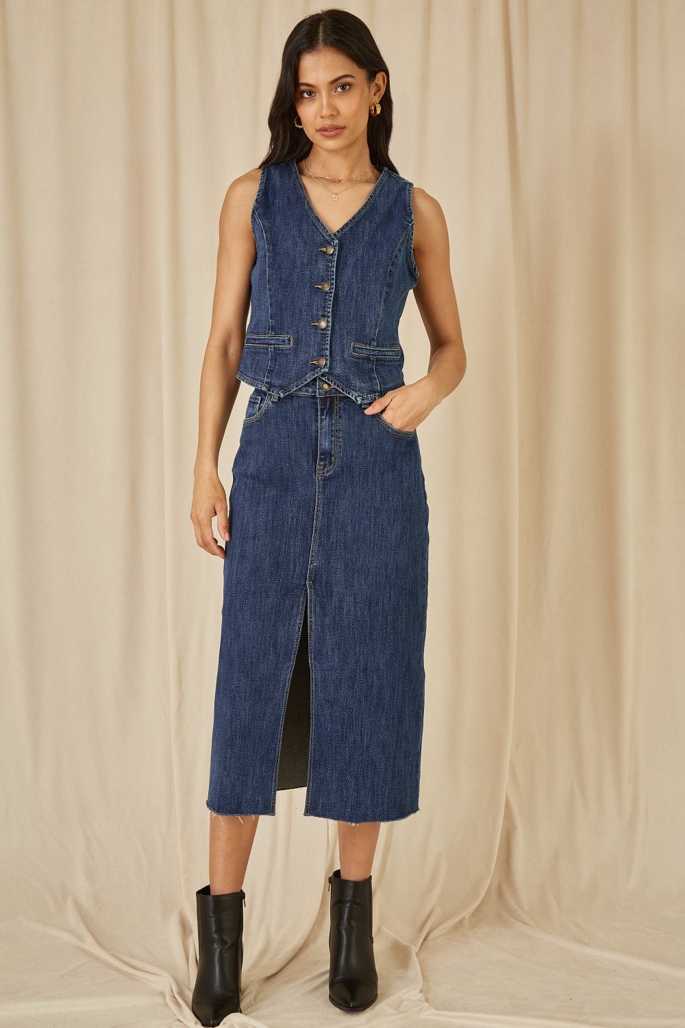 Yumi Blue Denim Stretch Fitted Midi Skirt With Front Split - PAPRIKA UK
