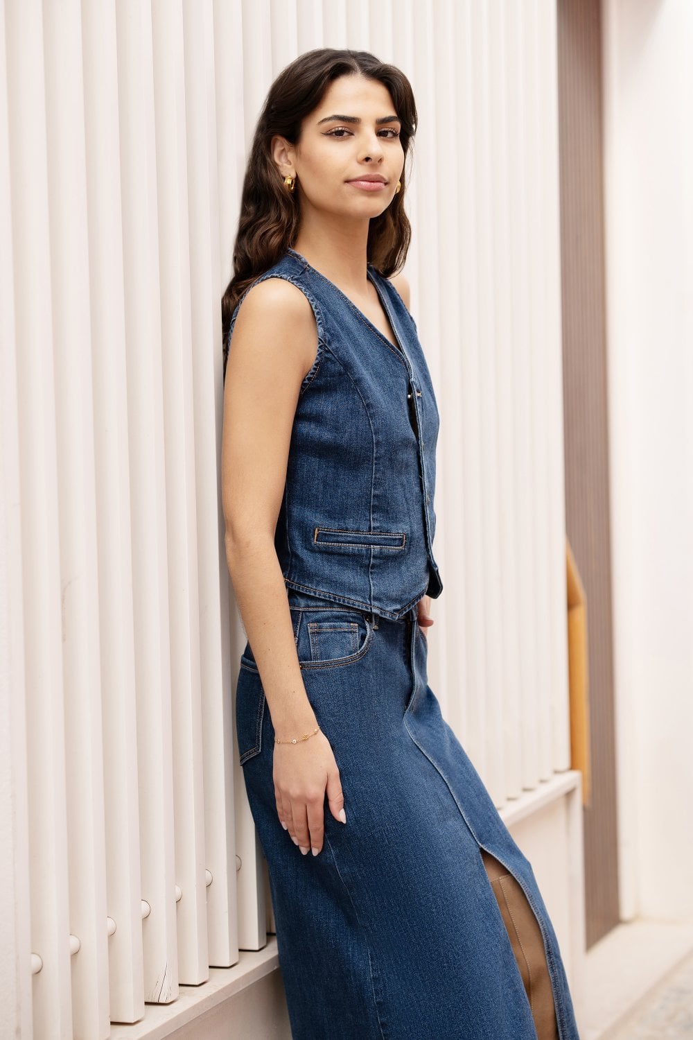 Yumi Blue Denim Stretch Fitted Midi Skirt With Front Split - PAPRIKA UK