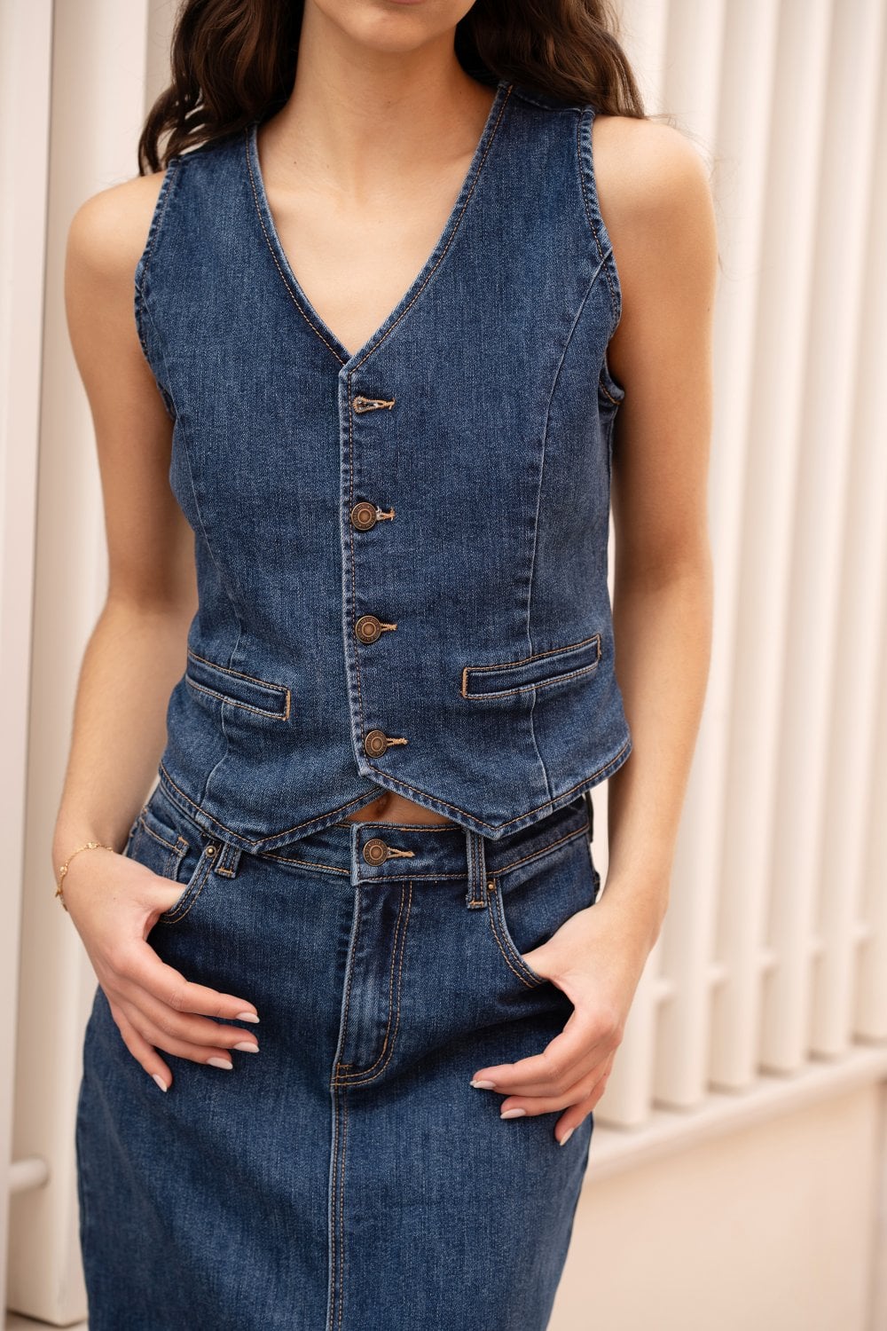 Yumi Blue Denim Stretch Fitted Midi Skirt With Front Split - PAPRIKA UK