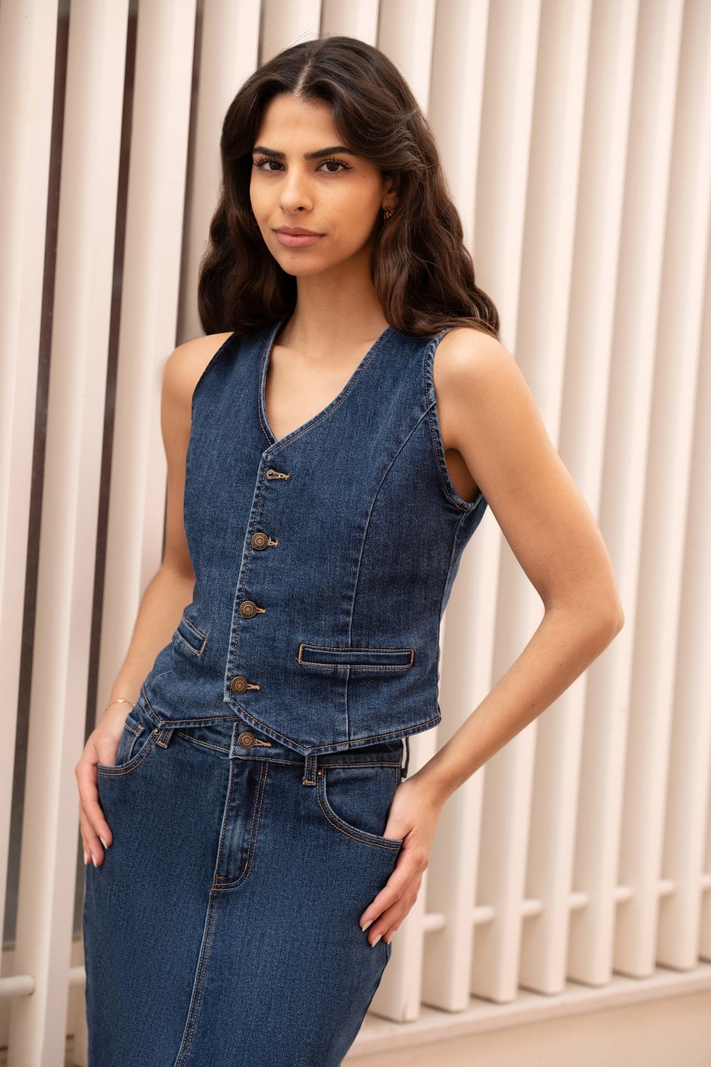 Yumi Blue Denim Stretch Waistcoat - PAPRIKA UK