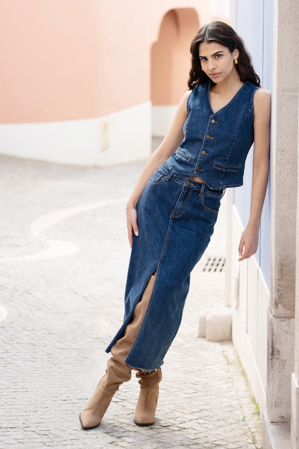 Yumi Blue Denim Stretch Waistcoat - PAPRIKA UK