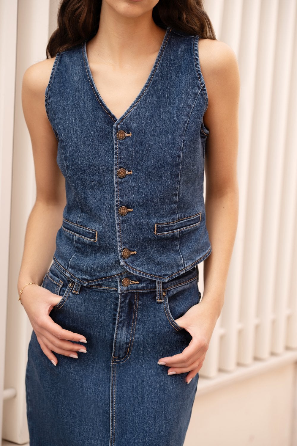 Yumi Blue Denim Stretch Waistcoat - PAPRIKA UK