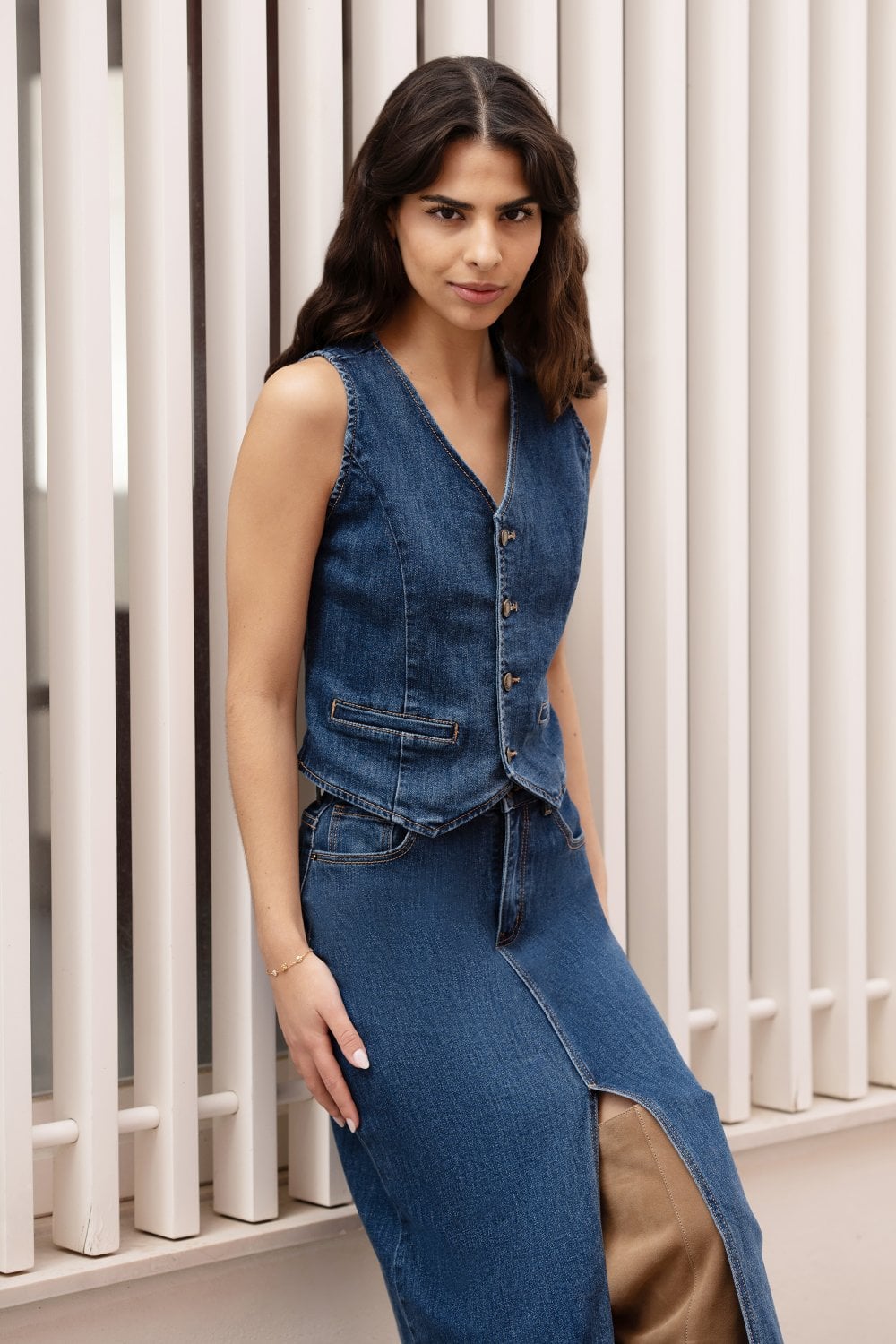 Yumi Blue Denim Stretch Waistcoat - PAPRIKA UK