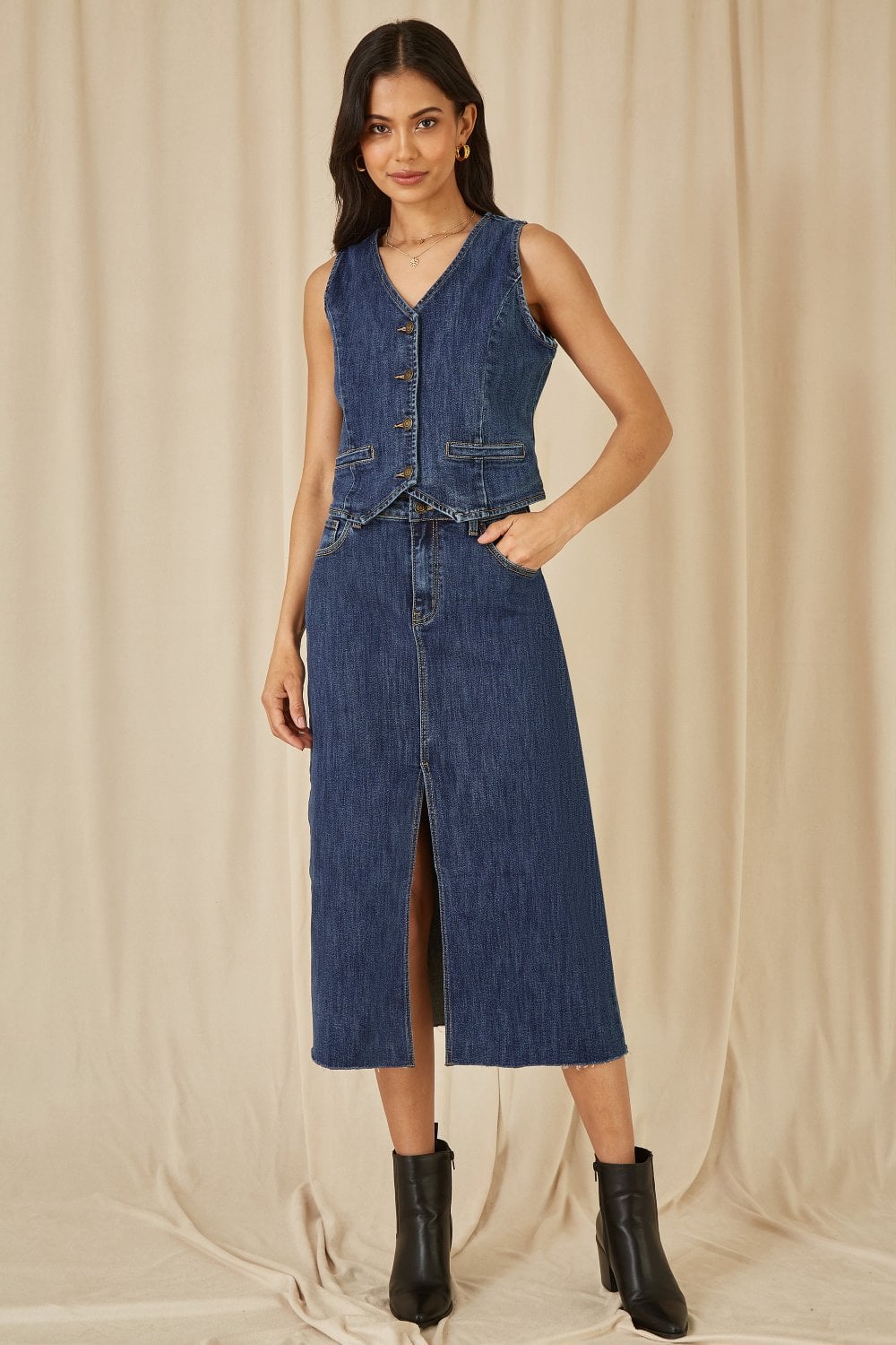 Yumi Blue Denim Stretch Waistcoat - PAPRIKA UK