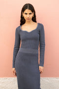 Yumi Blue Rib Knitted Fitted Jumper With Sweetheart Neckline