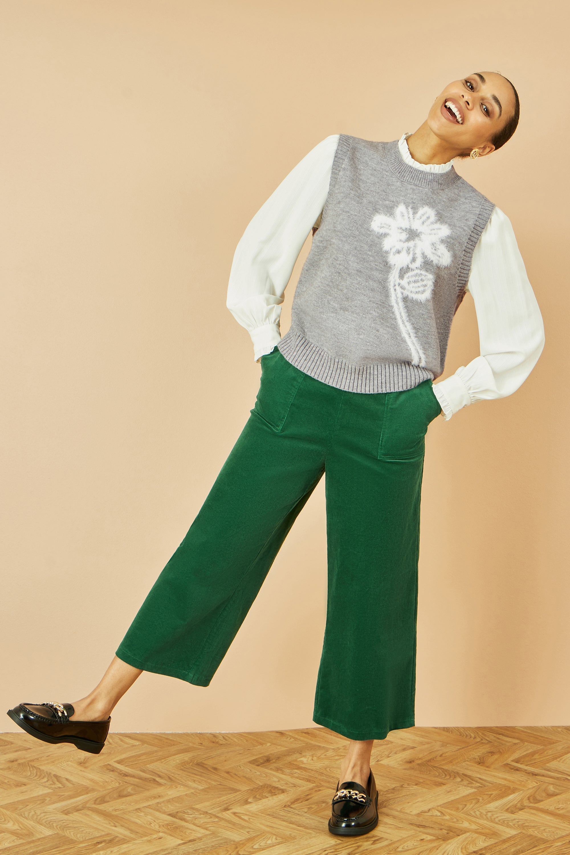 Yumi Grey Knitted Flower Sleeveless Jumper Vest - PAPRIKA UK