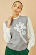 Yumi Grey Knitted Flower Sleeveless Jumper Vest - PAPRIKA UK