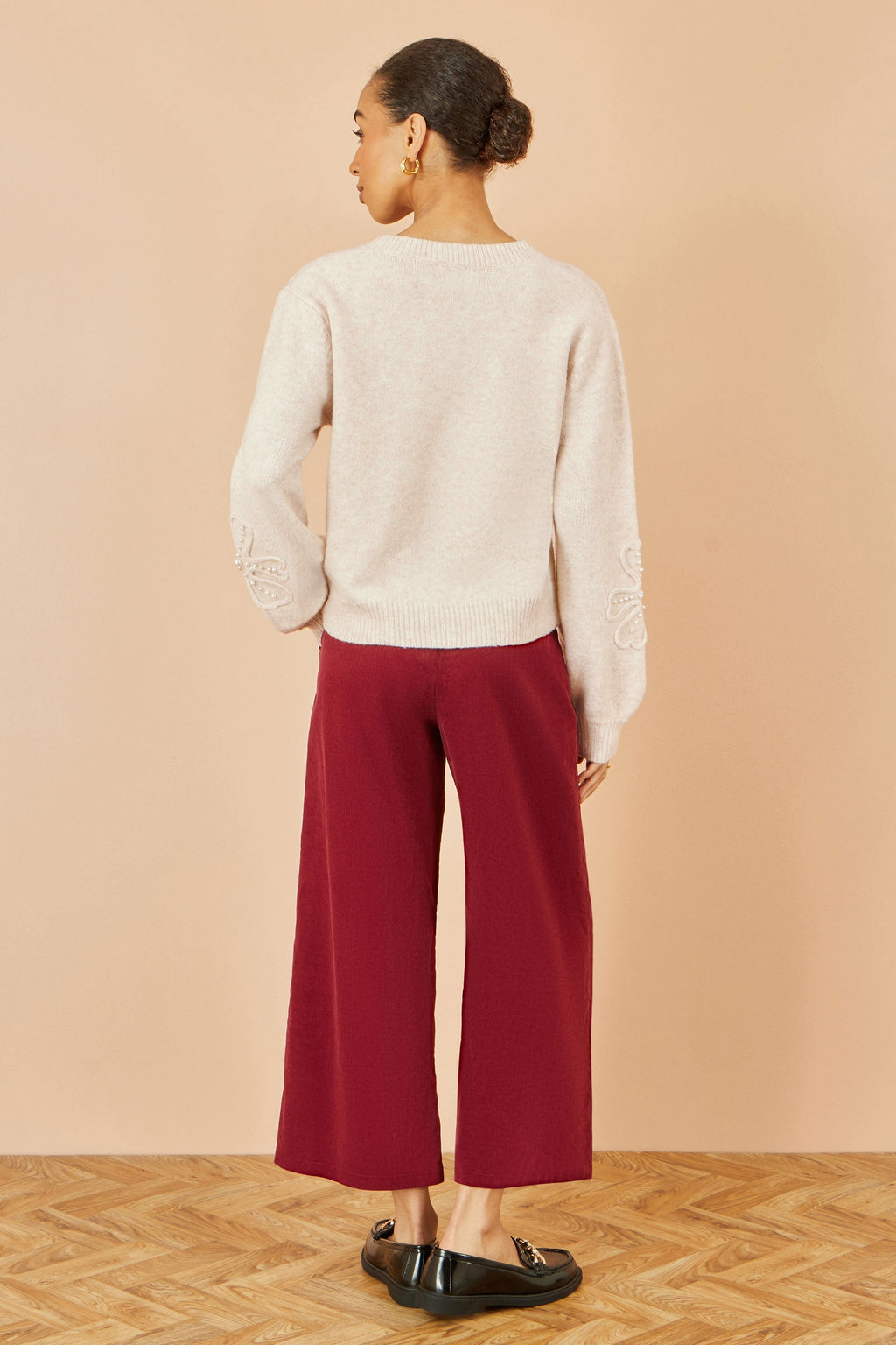 Yumi Oatmeal Knitted Jumper With Floral Applique - PAPRIKA UK