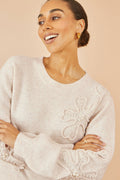 Yumi Oatmeal Knitted Jumper With Floral Applique - PAPRIKA UK