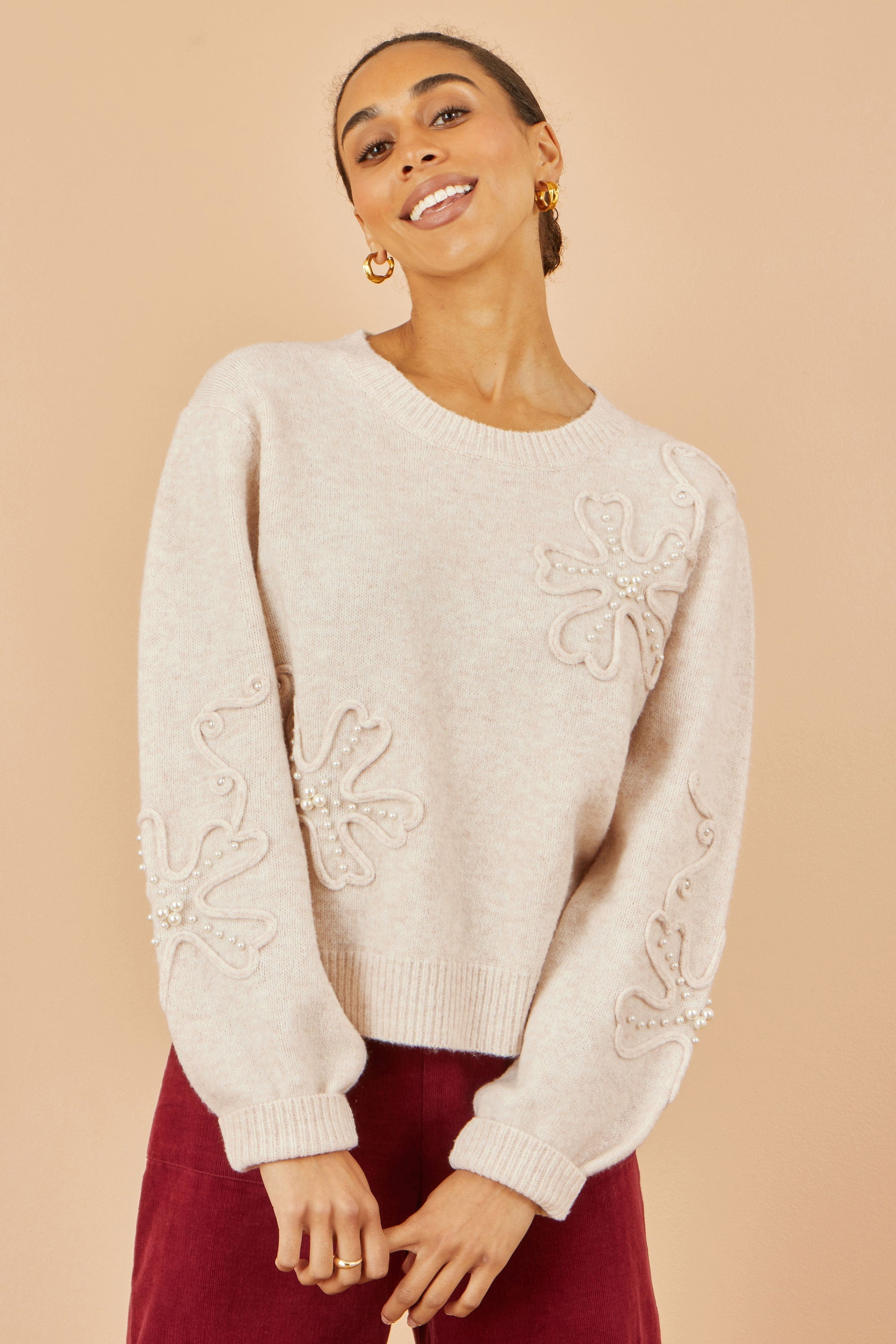 Yumi Oatmeal Knitted Jumper With Floral Applique - PAPRIKA UK